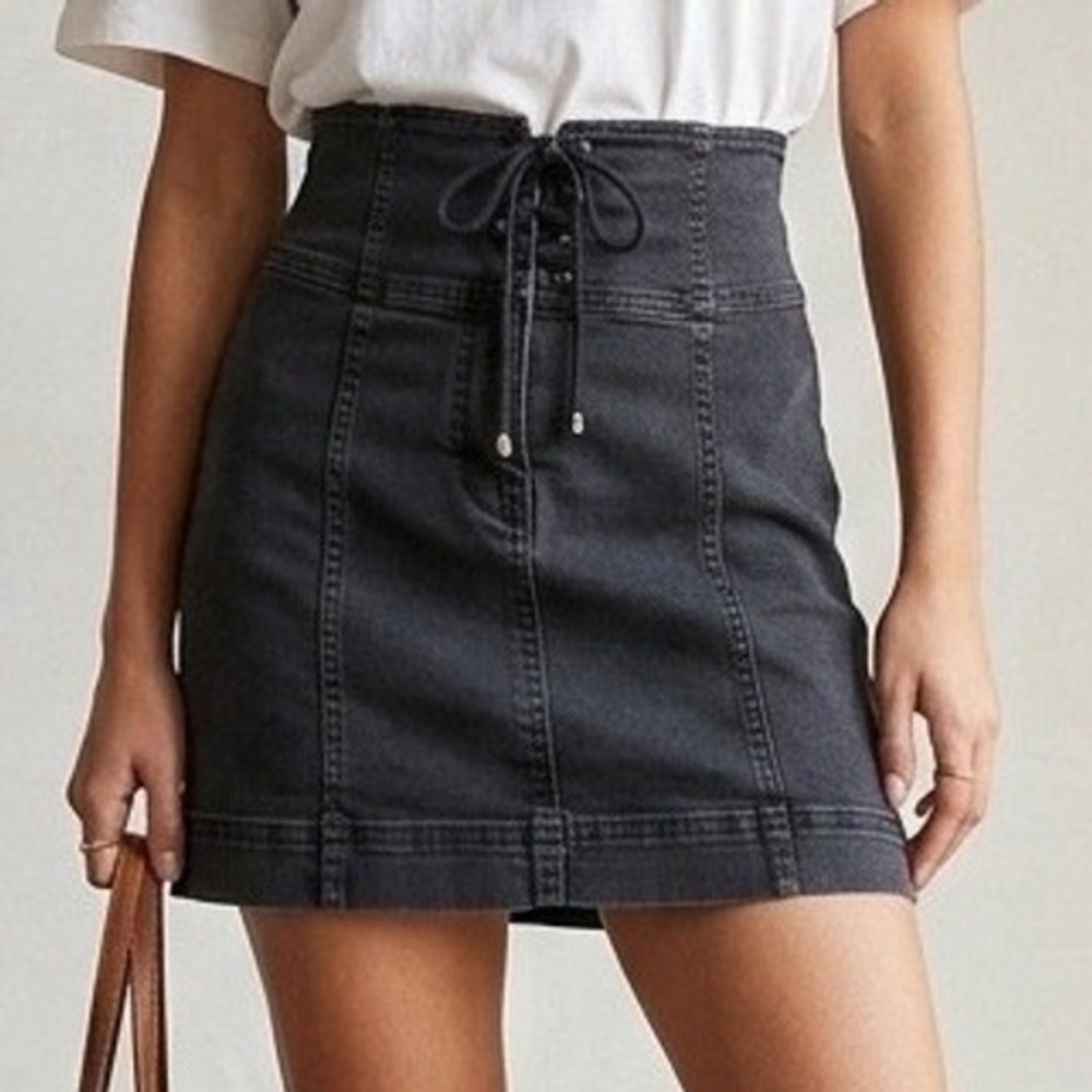 Free People Lace Up High Waist Denim Mini Skirt Faded Black 4 61855-16515125
